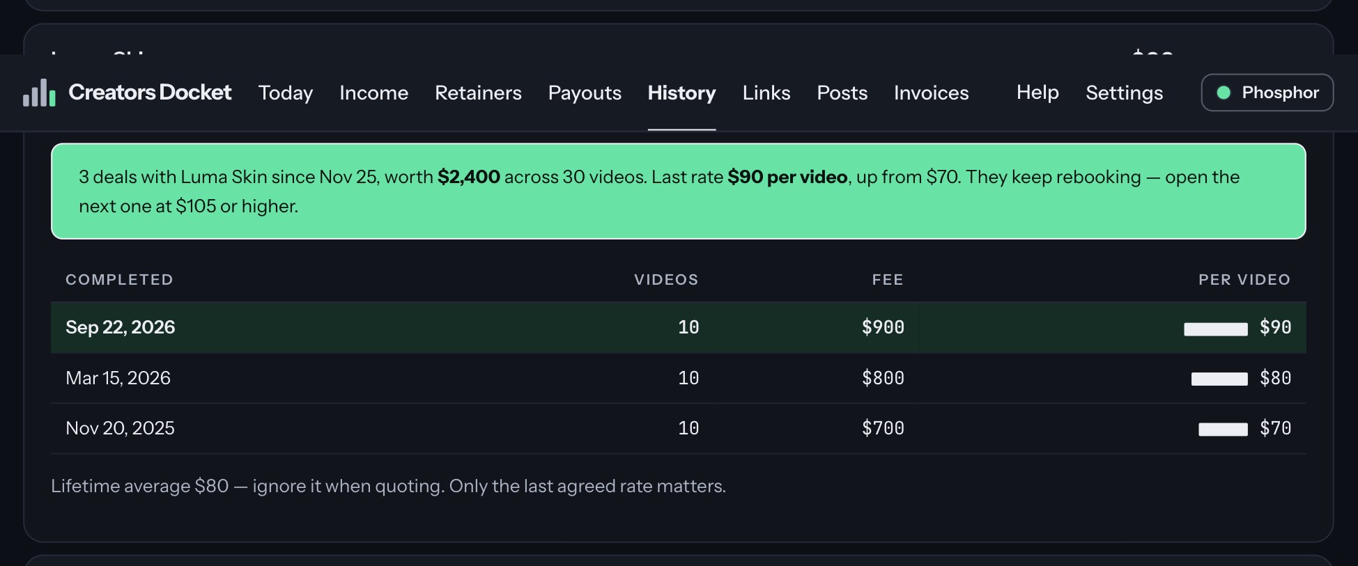 A brand file with every deal and the rate per video