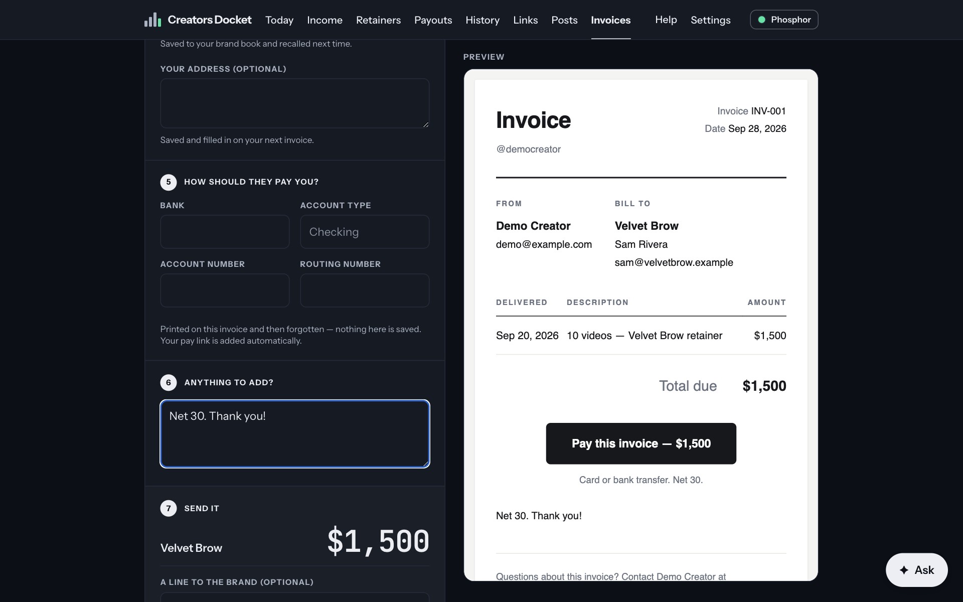 The invoice form beside a live preview of the invoice