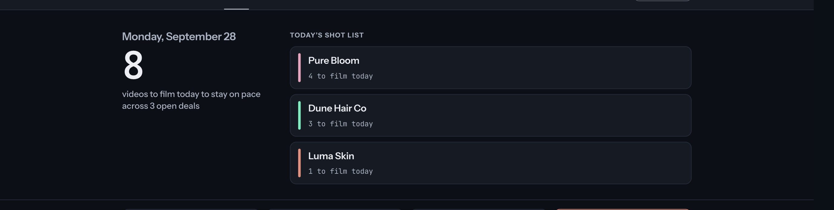 Today: the number of videos to film today, and the shot list by brand